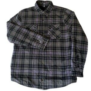 Volcom Flannel Shirt Jacket Sherpa Fleece Lined Plaid Gray L Snap Board Skater